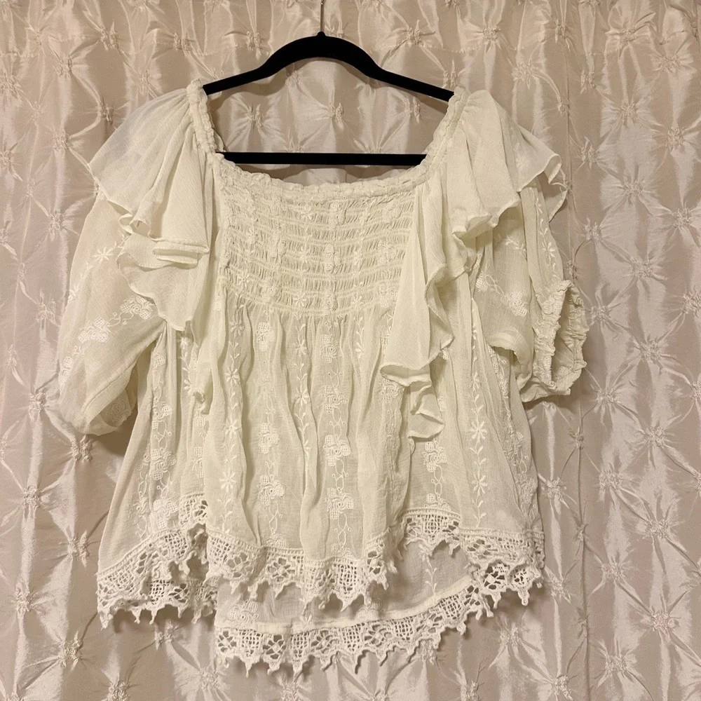 Free People Cream Lace Peasant Blouse with Ruffled Shoulders
